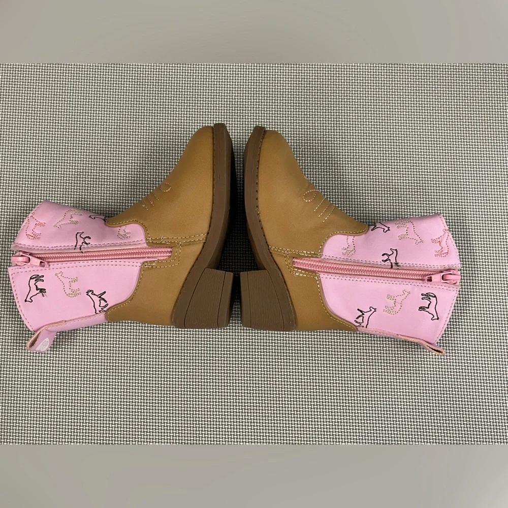 Kids Pink & Tan Western Cowboy Boots - Cute Horse Print
